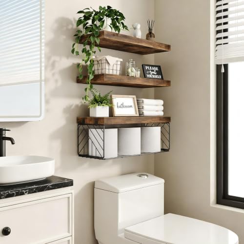 BAYKA Rustic Brown Floating Bathroom Shelves, 15.7in, 3Pk, Wall Mount Shelf