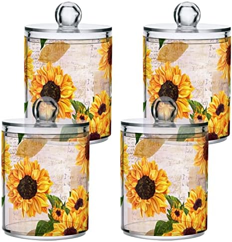 2 Pack Sunflower Qtip Holder Dispenser with Lid, 14 oz Clear Plastic Apothecary Jar Set for Bathroom Vanity Organizers Storage Containers