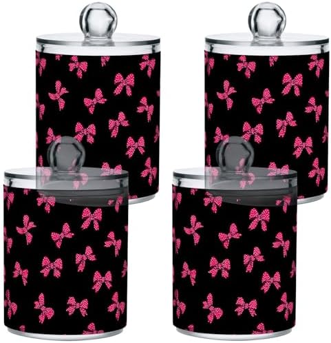 Gredecor 2 Pack Qtip Holder Clear Magenta Bow Polka Dots Apothecary Jars with Lids Acrylic Bathroom Jars Vanity Countertop Canister Storage Organizer for Cotton Ball,Swabs,Pads,Floss