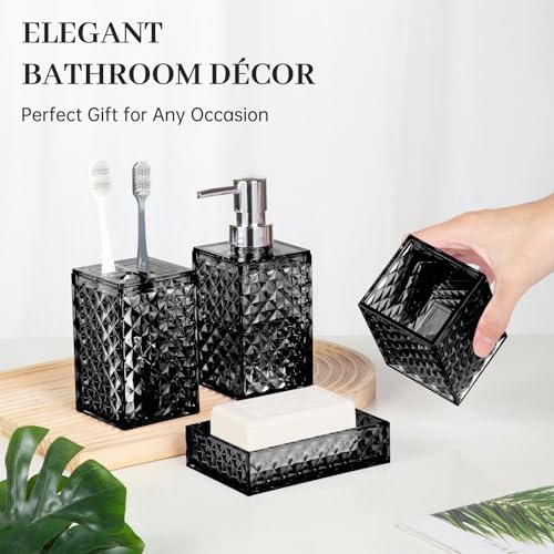 Bathroom Accessory Set, Grid Pattern 4 Pcs Plastic Bathroom Set, Black