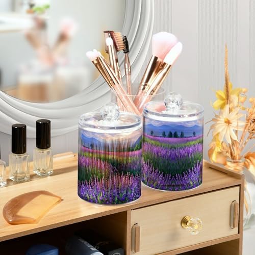 MNSRUU 2 Pack Qtip Holder Organizer Dispenser Lavender Field Bathroom Storage Canister Cotton Ball Holder Bathroom Containers for Cotton Swabs/Pads/Floss