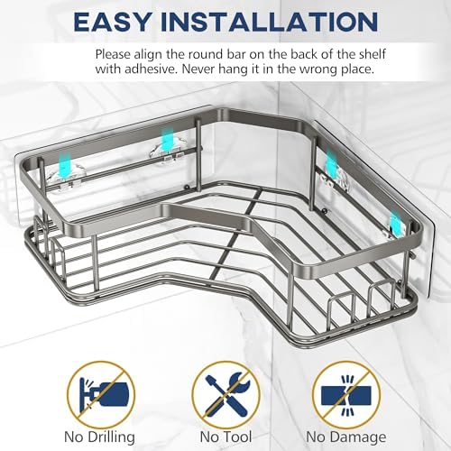 MAXIFFE 3 Pack Corner Shower Caddy with Soap Holder, Large Capacity Sturdy Easy Install No Drilling Stainless Steel Hold 40 LBS Shower Organizer Shelves Rack Storage for Family Renters Bathroom, Grey