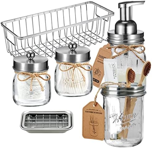 SheeChung Glass Mason Jar Bathroom Accessories Set, 6Pcs Farmhouse Decor