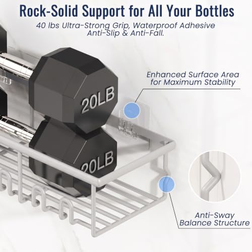 8 Pack Adhesive Rustproof Shower Caddy with Soap Dishes, Toothbrush Holder & Hooks, Large Capacity No-Drilling Shower Shelves Rack for Bathroom Organizers and Storage Accessories, Light Gray