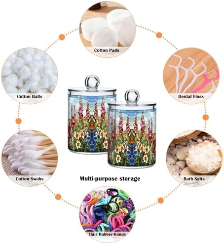 MNSRUU 2 Pack Qtip Holder Organizer Dispenser Art Flowers Bathroom Storage Canister Cotton Ball Holder Bathroom Containers for Cotton Swabs/Pads/Floss