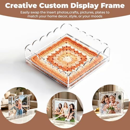 Acrylic Tray with Insert, 8 x 8 Inch Scalloped Clear Acrylic Decorative Tray for Needlepoint, Organizer Tray with 2 Magnets Slide Out Drawer Insert Photos Fabrics Pictures for Home Decor Gift