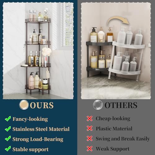 Consumest Corner Shower Caddy Standing - 4-Tier Stainless Steel Shower Organizer with Soap Holder and 4 Hooks, Large Capacity Corner Shelf Stand for Bathroom, Rest Room, Bronze