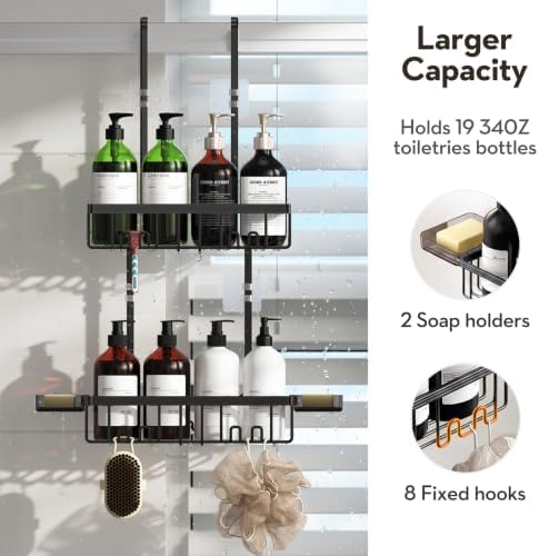 Over the Door Shower Caddy Hanging With Double Soap Holder Never Rust Aluminum Shower Shelf With 4 Hooks Hanging Bathroom Organizer No Drilling Shelves for Bathroom Storage Black