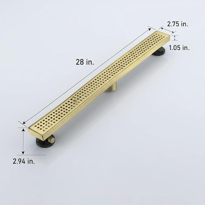 AVSIILE Linear Shower Floor Drain, Brushed Gold 28 Inch 304 Stainless Steel Bathroom Drains Kit, Long Rectangular Shower Trench Drain with Square Pattern Drain Cover & Hair Catcher