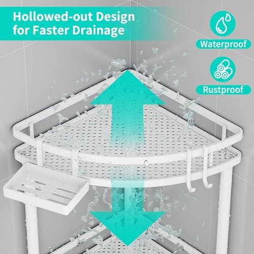 HapiRm Standing Corner Shower Caddy - 2 Tier Shower Organizer Corner with Soap Holder and 4 Hooks, Rustproof Bathroom Storage Shelves with Adhesives, White