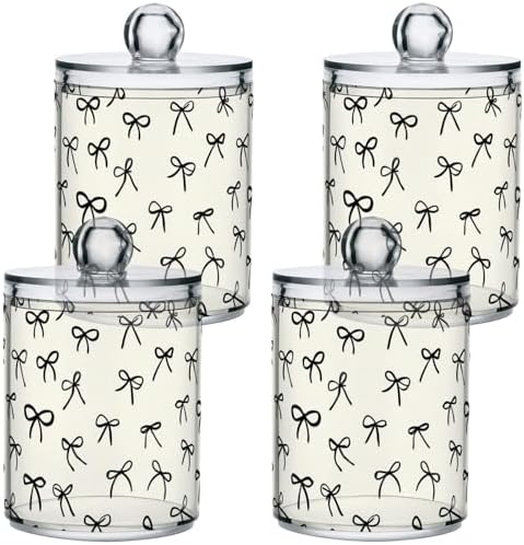 Gredecor 4 Pack Qtip Holder Clear Black Bows on Beige Apothecary Jars with Lids Acrylic Bathroom Jars Vanity Countertop Canister Storage Organizer for Cotton Ball,Swabs,Pads,Floss