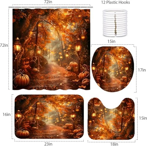 NBVKO Fall Thanksgiving Day Shower Curtain Sets，Autumn Maple Forest Bathroom Shower Curtain with Non-Slip Rug Toilet Lid Cover Bath Mat 12 Hooks， Pumpkin Bathroom Decor Set