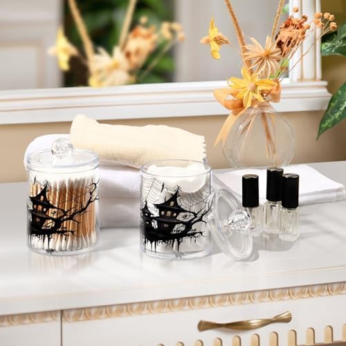 2 Pack Qtip Holder Dispenser with Lids, Halloween Spiderweb House Plastic Storage Containers,Bathroom Canisters Organizer for Cotton Ball, Cotton Swab, Cotton Round Pads, Floss 21214435