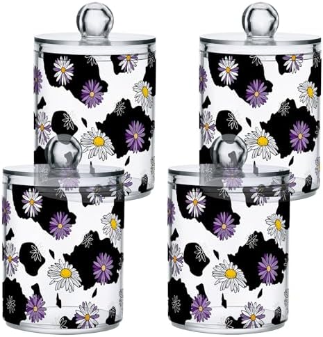 Daisy Flower Cow Print 4 Pack Plastic Qtips Holder Bathroom Organizer Canisters for Cotton Balls/Swabs/Pads/Floss,Plastic Apothecary Jars for Vanity