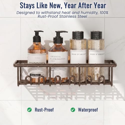 8 Pack Adhesive Rustproof Shower Caddy with Soap Dishes, Toothbrush Holder & Hooks, Large Capacity No-Drilling Shower Shelves Rack for Bathroom Organizers and Storage Accessories, Brown