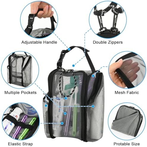Cosmos Mesh Shower Caddy Toiletry Organizer Hanging Shower Tote Bag, Quick Dry Shower Organizer Portable Bath Bag with Durable Zippers & Side Pockets for Travel Gym Swimming Beach & Camp (Gray)