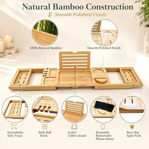 Bamboo Bathtub Tray, Expandable Foldable Bath Caddy, Natural