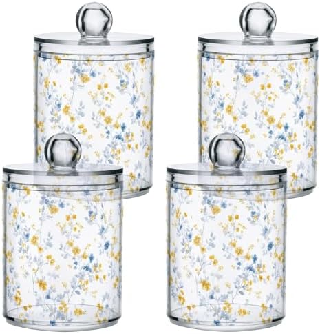Blue and Yellow Floral Qtip Holder Apothecary Jars Bathroom Storage Floss Makeup Organizer for Cotton Ball Swab Acrylic 2 Packs