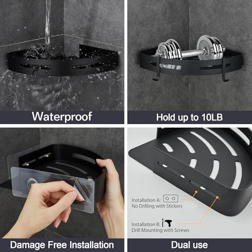 WPT Corner Shower Caddy, 2 Pack Adhesive Shower Corner Shelf, Shower Organizer Storage Wall Mounted No Drilling for Bathroom and Kitchen, Black