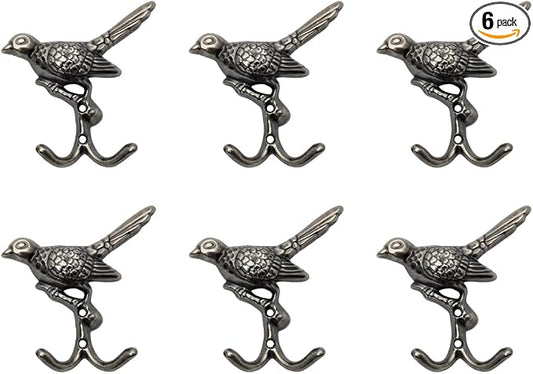 6 pcs Antique Silver Bird Decorative Wall Hooks for Hanging Coats, Keys, Towels, Bags, and More