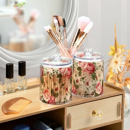 4 Pack Vintage Roses and Leaves Beige Qtip Dispenser 10 Oz Clear Plastic Apothecary Jars Bathroom Containers for Cotton Ball, Cotton Swab, Cotton Round Pads, Floss