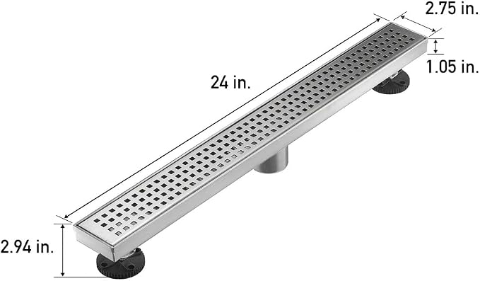 AVSIILE Linear Shower Floor Drain, Brushed Nickel 24 Inch 304 Stainless Steel Bathroom Drains Kit, Long Rectangular Shower Trench Drain with Square Pattern Drain Cover & Hair Catcher