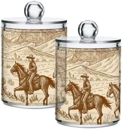 Apothecary Jars Bathroom Storage Organizer with Lid - 14 oz Qtip Holder Dispenser, Western Desert Cowboy Clear Plastic Canister for Cotton Swab, Cotton Ball, 2PCS