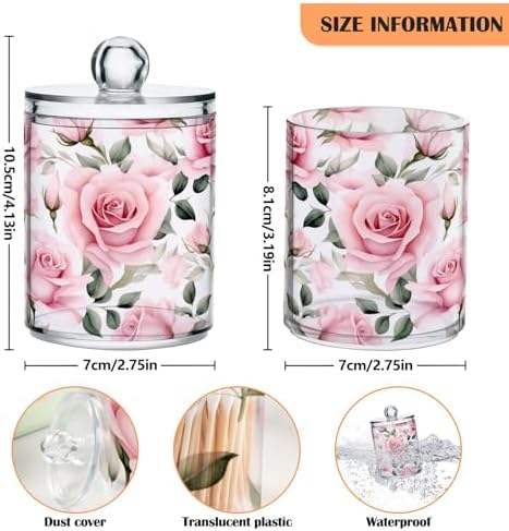 MNSRUU 4 Pack Qtip Holder Organizer Dispenser Pink Roses Pink Bathroom Storage Canister Cotton Ball Holder Bathroom Containers for Cotton Swabs/Pads/Floss