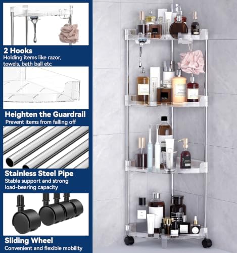 Corner Shower Caddy Standing 4-Tier Shower Organizer with Hooks