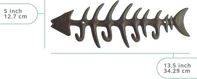 Comfify Rust Brown Fish Bones Cast Iron Wall Hook Rack – 4 Hooks, Screws | Rust Brown; fish bones cast iron; 25"L x 3.34"H; 4 hooks; screws & anchors included; coastal nautical decor