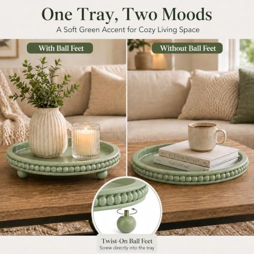 Sage Green Coffee Table Tray, 12" Round Wooden Decorative Tray