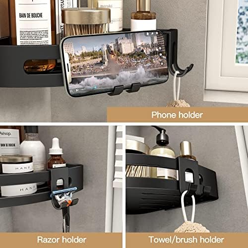 VOLPONE Corner Shower Caddy with Razor Holder Adhesive Shower Shelf Corner No Drilling Bathroom Corner Shower Organizer Storage Rack (2-Pack, Black)
