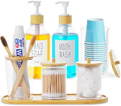VITVITI Bamboo Bathroom Accessory Set, Soap/Mouthwash Dispenser, Clear