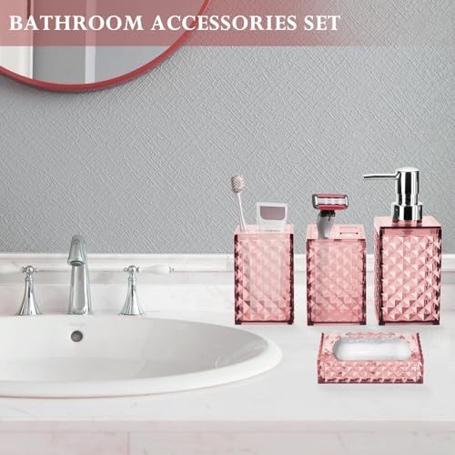 Bathroom Accessory Set, Grid Pattern 4 Pcs Plastic Bathroom Set, Pink