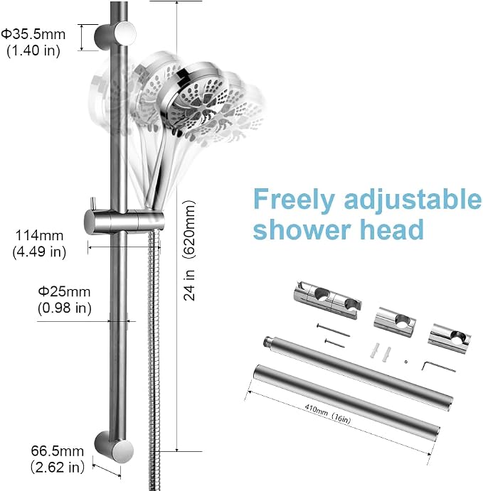OFFO Shower Slide Bar 24 in Segmental Slide Bar Adjustable Installation Distance 18-24 in with 360° Adjustable Handheld Shower Head Holder for Bathroom, Screw Wall Mounted, Chrome Finish (Pack of 2)