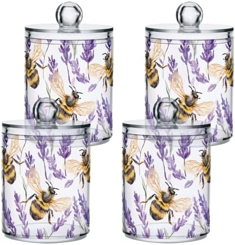 Fustylead 4 Pack Watercolor Honey Bees and Lavender Qtip Holder Dispensers, Plastic Apothecary Jar Bathroom Accessories Set for Cotton Ball, Swab, Round Pads, Floss