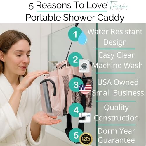 TERRA HOME XL Portable Shower Caddy Bag for Girls with Extra Storage, Durable Mesh Bottom, Shoulder Strap, Keychain Holder Shower Caddy Case for College Dorms - Travel Vacation Essentials (Blush Pink)