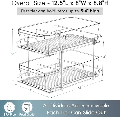 2 Tier Clear Organizer with Dividers for Cabinet, Shlef, Counter - MultiUse Slide-Out Storage Container - Kitchen, Pantry, Medicine Cupboard Bins, Bathroom, Vanity Makeup, Under Sink Organizing