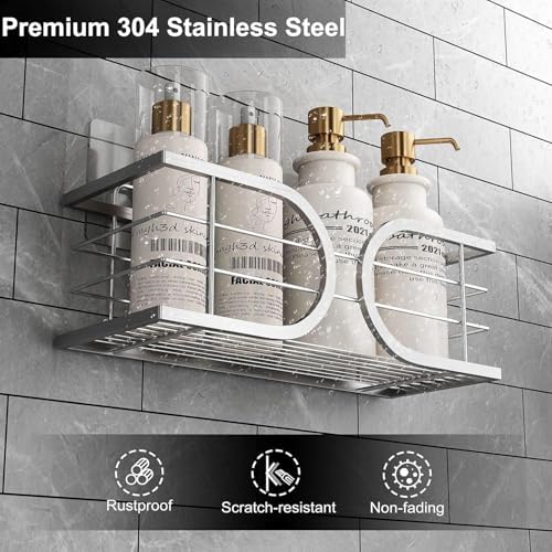 Shower Caddy No Drill Wall Mounted 304 Stainless Steel Durable Large Capacity Adhesive Shower Rack Organiser Quick Dry Rustproof Bathroom Storage Shelves - 2 Pack (Silver)