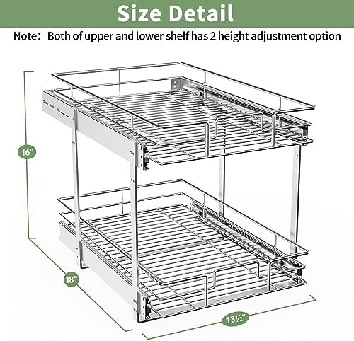 ROOMTEC Pull Out Cabinet Organizer (14" W x 18" D),2 Tier Pull Out Storage Shelf Drawer Basket,Sliding Shelves for Base Cabinet Organization in Kitchen, Bathroom, Pantry