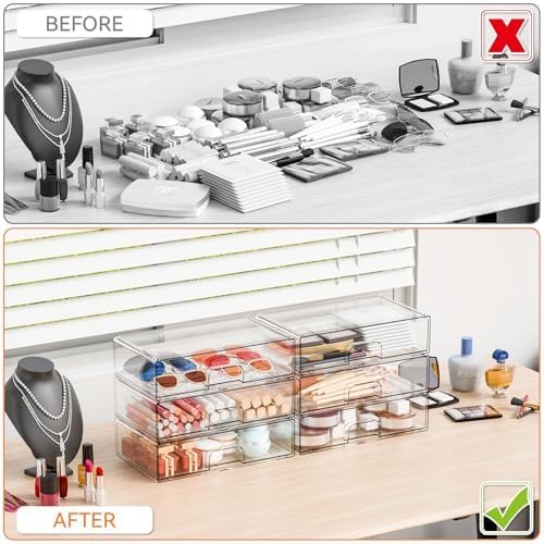 2 Pack Acrylic Drawer Organizer,12.2''W Clear Stackable Storage Drawers,Acrylic Boxes for Storage Makeup Palettes,Cosmetics,Pull Out Bathroom Storage Bins for Hair Products,Medicine Cabinet Organizer