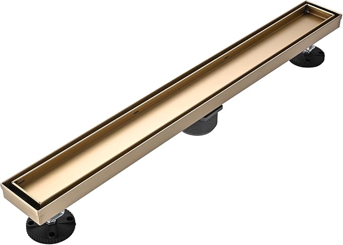 AVSIILE Linear Shower Floor Drain, Brushed Gold 24 Inch 304 Stainless Steel Bathroom Drains Kit, Rectangular Shower Trench Drain with Reversable Tile-in Pattern Drain Cover & Hair Catcher