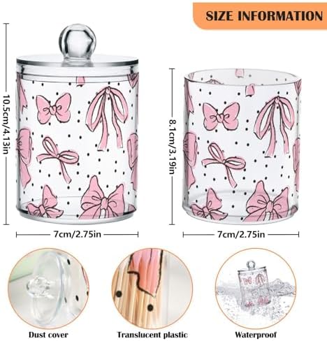2 Pack Apothecary Jars Bathroom Bow Pink Qtip Holder Dispenser Clear Plastic Storage Canister Jar with Lid for Cotton Ball, Cotton Swab
