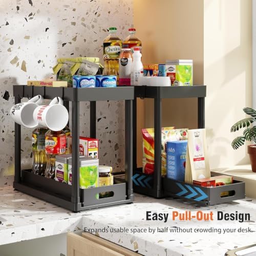 2PC Under Sink Organizer Rack 2 Tier Under Sliding Cabinet Basket Organizer Drawer with 4 Hooks, Multi-purpose Under Sink Storage for Bathroom Kitchen Desktop（Black）