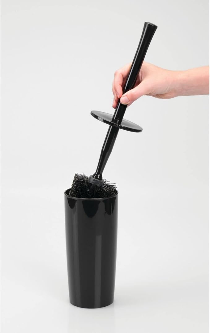 mDesign Slim Plastic Toilet Bowl Brush and Holder Set, Modern Compact Storage Organizer Cleaner Scrubber for Toilet - Heavy Duty Cleaning Plunger for Bathroom, Aura Collection - Black