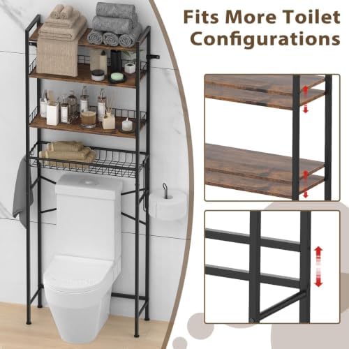 Over The Toilet Storage Shelf, 4-Tier Adjustable Bathroom Organizer with Toilet Paper Holder & Hooks, Metal Space Saver Rack Above Toilet for Bathroom, Kitchen, Black