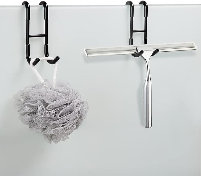 NINETREX Shower Door Hooks,Over Glass Door Hooks for Bathrooms Frameless Glass,Heavy Duty SUS 304 Stainless Steel Hook for Towels,Squeegee,Loofah,Shaver,Robe,2 Pack,Black