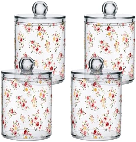 ALAZA Floral Rose Flower Watercolor 4 Pack Qtip Holder Dispenser for Cotton Swabs, Balls, Pads, Floss 10 oz Plastic Canister Organizer
