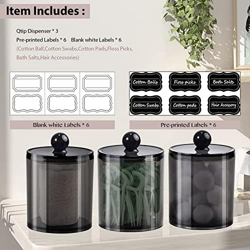 SheeChung 3 Pack Black Qtip Holder,Acrylic Apothecary Jars with Lids