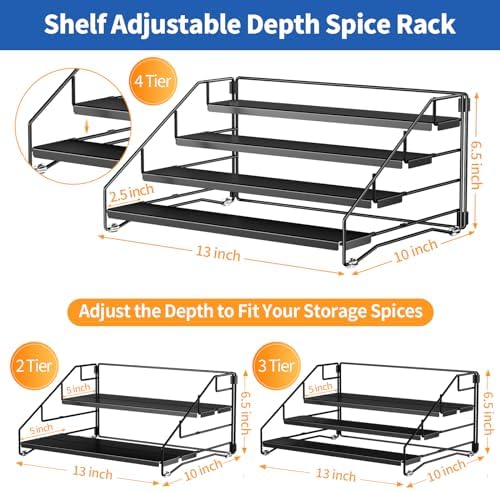 BOIVSHI 4 Tier Spice Rack Organizer, Spice Rack for Cabinet, Adjustable Depth Seasoning Shelf for Countertop, Pantry, Seasoning Organizer, Metal, Black (2 Pack)